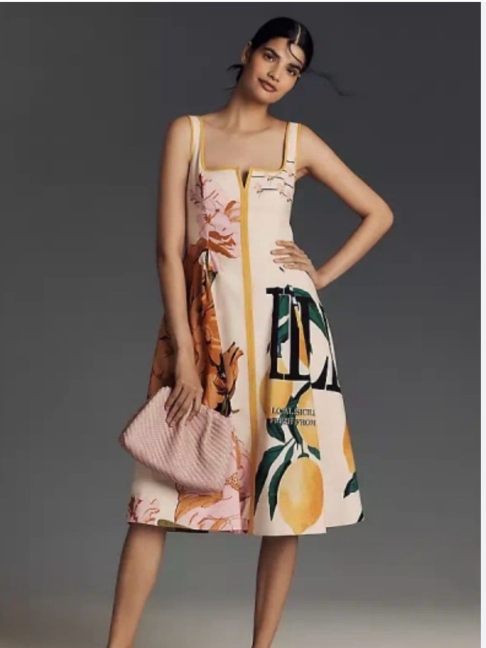 Anthropologie Sleeveless Italian Print A-Line Dress in Cream and Yellow